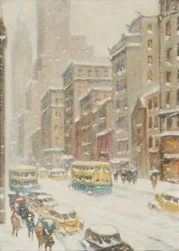 Guy Wiggins Snowstorm in Midtown Manhattan, c. 1910 Oil on canvasboard 16 x 12 inches Signed: Guy Wiggins, N.A. (lower right) and signed again and inscribed with title (on the reverse) For sale at Surovek Gallery