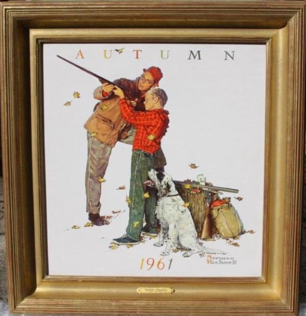 Norman Rockwell Autumn-Father and Son Bird Hunting Oil on canvas 19 x 18 inches Signed: Norman Rockwell (l.r.) For sale at Surovek Gallery