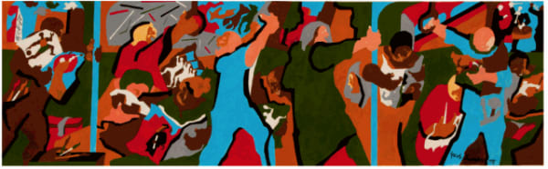 Jacob Lawrence New York in Transit 1, 1996 Gouache and pencil on paper Sheet size:13 x 42 inches; 26 1/4 x 47 1/4 inches For sale at Surovek Gallery