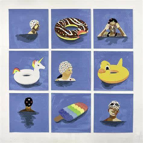 Derrick Adams How I Spent My Summer, 2021 Screenprint with collage 54 x 54 inches Edition of 20 For sale at Surovek Gallery