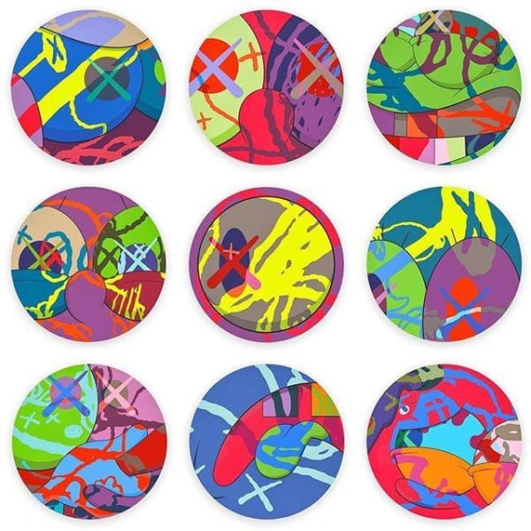 Kaws The News, 2017 Set of 9 silkscreens, 24 inches in diameter Edition of 100, Signed and numbered For sale at Surovek Gallery