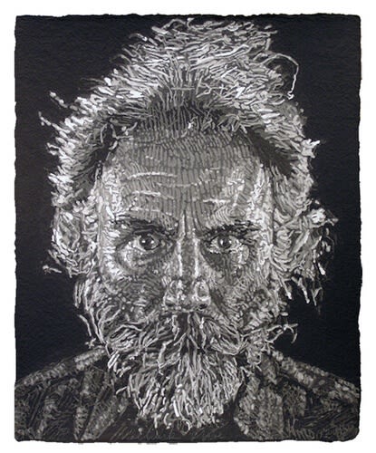 Chuck Close Lucas Paper/Pulp, 2006 [Portrait of the Greek-American artist, Lucas Samaras] Stenciled handmade paper print in Nine colors Paper Size: 48 x 40 inches Edition: 1 of 50 For sale at Surovek Gallery
