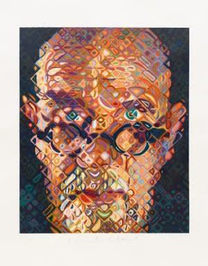 Chuck Close Self-Portrait, 2015 84 color woodcut Image size: 35 1/2 x 29 1/2 inches Paper size: 47 1/4 x 37 inches Edition 5 of 70 For sale at Surovek Gallery
