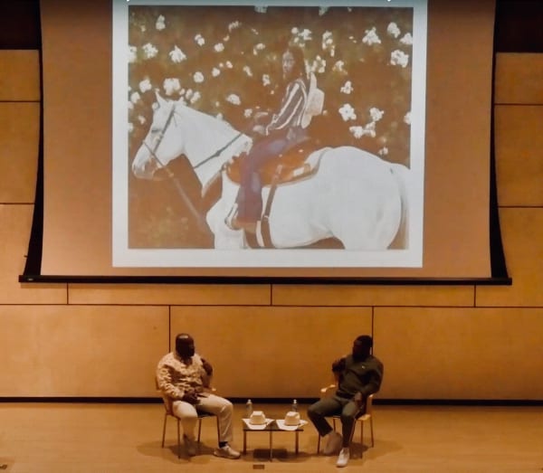 Otis Kwame Kye Quaicoe (R) in conversation with Larry Ossei-Mensah at the Phoenix Art Museum, 2023