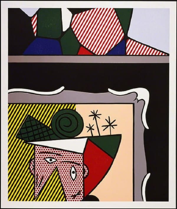 Roy Lichtenstein Two Paintings, 1984 Woodcut, lithograph, silkscreen with collage Size: 45.88 x 39.06 inches Signed, numbered, dated: 37/60 R Lichtenstein ‘84 For sale at Surovek Gallery