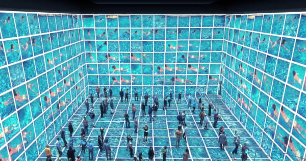 Installation of David Hockney’s ‘Gregory Swimming Los Angeles March 31st 1982’, composite polaroid.