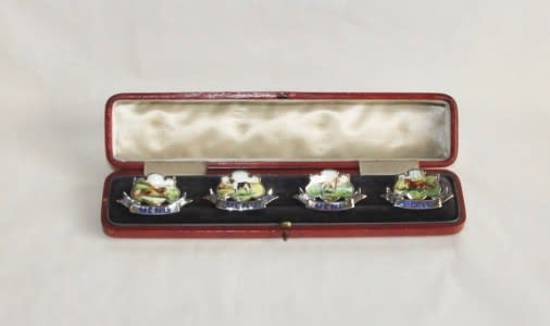 Antique English Set of Four Silver & Enameled Menu Holders of Hunt Scenes in original box, Birmingham, 1904 Available at Select Fine Art