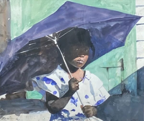 Stephen Scott Young Blue Umbrella Watercolor on paper 12 x 14 inches Available at Surovek Gallery