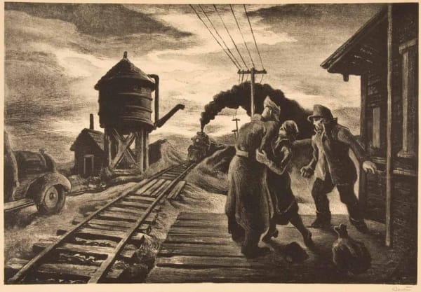 Thomas Hart Benton Morning Train/Soldier’s Farewell, 1943 Lithograph 9 3/8 x 13 1/2 inches Edition: 250 Signed in pencil (l.r.) For sale at Surovek Gallery