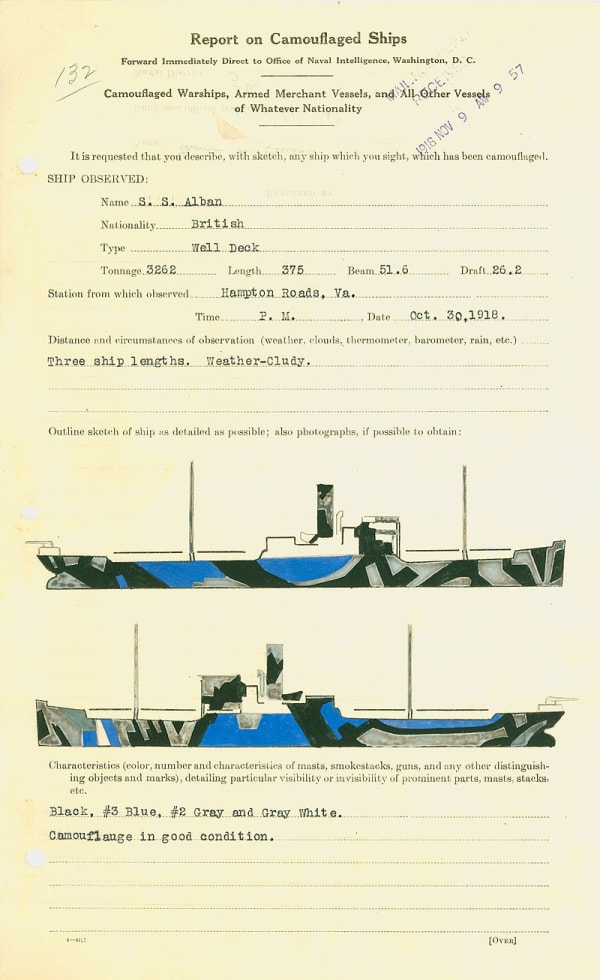 Camouflage pattern of the British ship S.S. Alban as documented by Thomas Hart Benton, October 30, 1918.