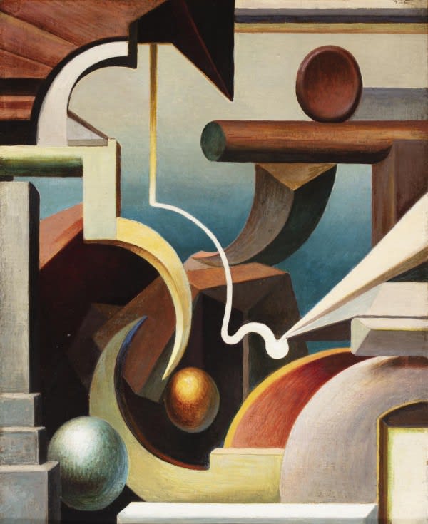 Rhythmic Construction, a 1919 oil on board, is an example of Thomas Hart Benton’s early abstract paintings in which he worked out his ideas of form, composition and aesthetic organization used in his better known figurative works.