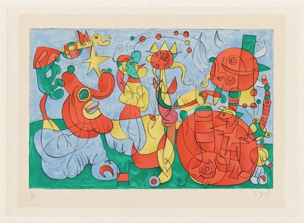 Joan Miró CHEZ LE ROI DE POLOGNE : UBU ROI, PLANCHE III, 1954 Gouache and watercolor over lithograph on paper 16 7/8 x 25 1/8 inches, 43 x 64 cm Available at Surovek Gallery