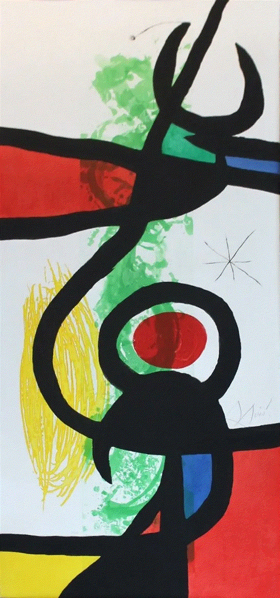 Joan Miró LES GRANDES MANOEUVRES, 1973 Color Etching, Aquatint and carborundum 54.25 x 23.63 inches Edition: 27/50 Available at Surovek Gallery