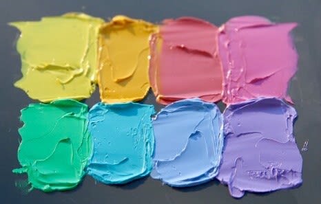 Gamblin Radiant Colors: (clockwise from top left) Radiant Lemon, Radiant Yellow, Radiant Red, Radiant Magenta, Radiant Violet, Radiant Blue, Radiant Turquoise, Radiant Green