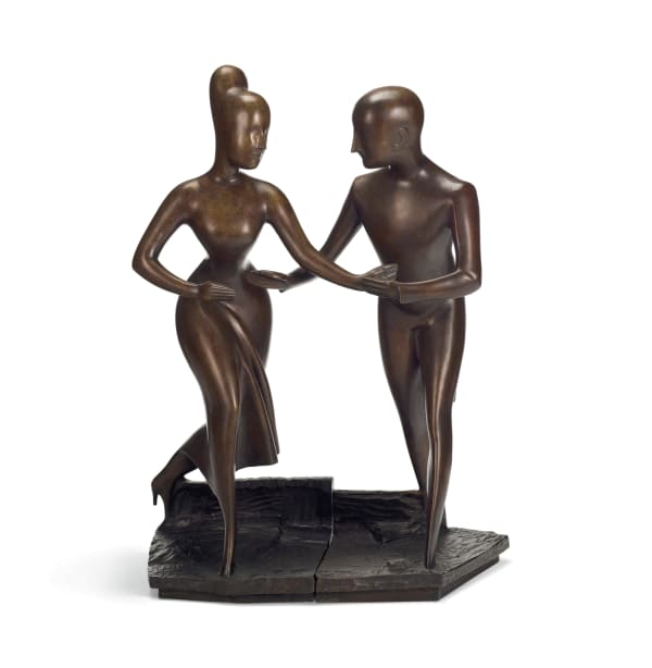 Elie Nadelman TANGO, 1974 Bronze with goldish-brown patina height 34 in (86.4 cm) Edition 1 of 3 Inscribed 'EN' and stamped '1/3 EJN' (along the base of the male figure) Available at Surovek Gallery