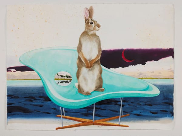 Scott Kelley MARSH RABBIT IN AN EAMES CHAISE, HOMOSASSA, 2023 Watercolor, gouache and ink on paper 30 x 40 in 76.2 x 101.6 cm Available at Surovek Gallery
