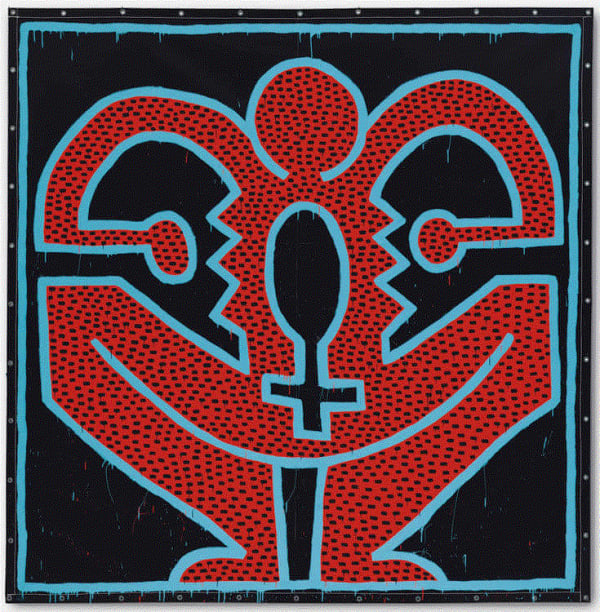 Keith Haring UNTITLED, 1983 Vinyl paint on vinyl tarpaulin with metal grommets 120 x 120 in 304.8 x 304.8 cm Signed and dated '"JANUARY 1983 K. Haring ⨁" on the reverse. Executed in 1983, this work is accompanied by a certificate of authenticity issued by the Estate of Keith Haring. Available at Surovek Gallery