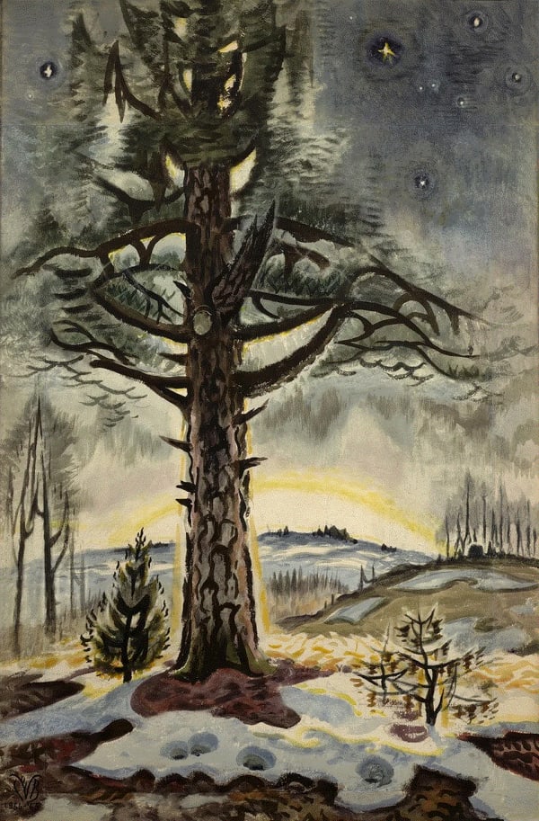 Charles Ephraim Burchfield LATE WINTER DAWN, 1956-65 watercolor, gouache, and charcoal on pieced paper 49 3/4 x 32 3/4 in 126.4 x 83.2 cm Available at Surovek Gallery