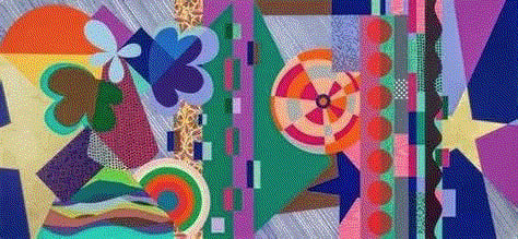 Beatriz Milhazes DOVETAIL , 2019 Woodblock, screenprint gold leaf and handpainting 33 5/8 x 72 3/4 in 85.4 x 184.8 cm Available at Surovek Gallery