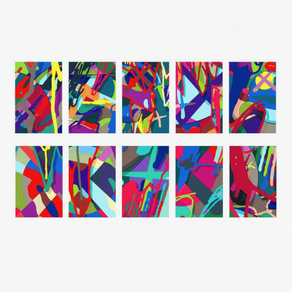 KAWS TENSION , 2019 Portfolio of 10 works Screenprint 35 x 25 in 88.9 x 63.5 cm Available at Surovek Gallery