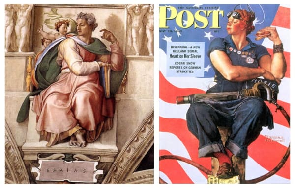 Michelangelo, Prophet Isaiah, 1509 (Left). Norman Rockwell, Rosie the Riveter, 1943 (Right).