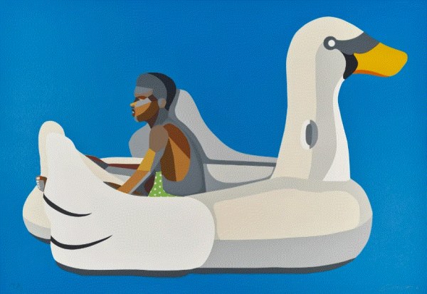 Derrick Adams BOY ON SWAN FLOAT, 2020 Woodcut, screen print, collage 31 x 45 in 78.7 x 114.3 cm Edition 14/30 Available at Surovek Gallery