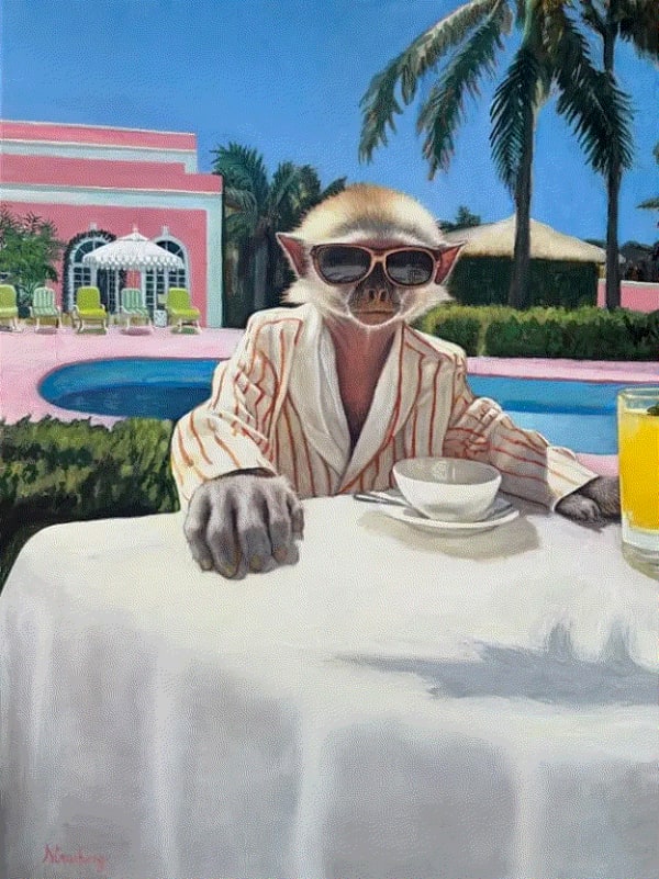 Serge Strosberg MONKEY BUSINESS AT THE COLONY, 2024 Oil and egg tempera painting on linen 40 x 30 in 101.6 x 76.2 cm Available at Surovek Gallery