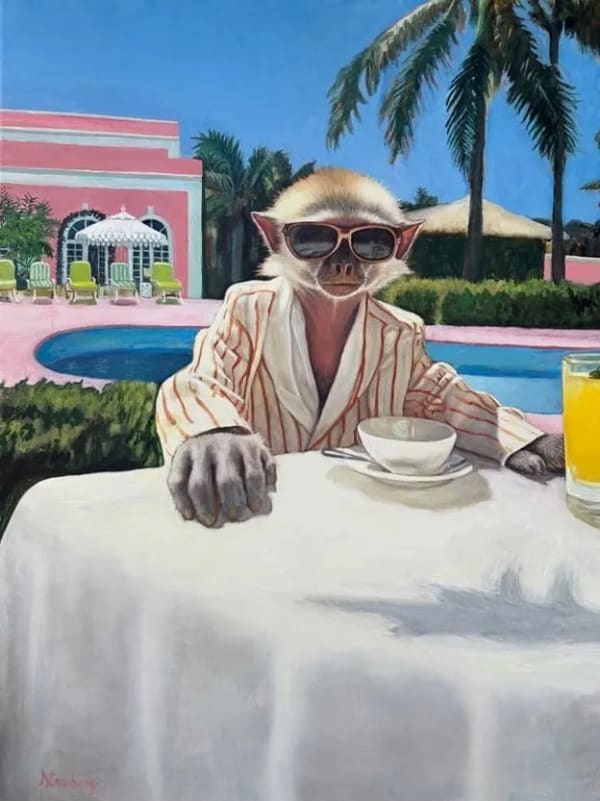 Serge Strosberg MONKEY BUSINESS AT THE COLONY, 2024 Oil and egg tempera painting on linen 40 x 30 in 101.6 x 76.2 cm Available at Surovek Gallery