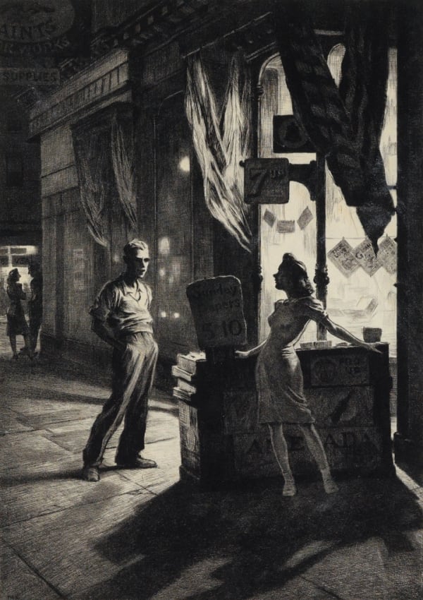 Martin Lewis Chance Meeting,1940-41 Drypoint on paper Signed lower right in pencil For sale at Surovek Gallery