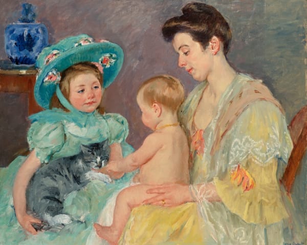Available at Surovek Gallery: Artist: Mary Cassatt (1845-1926) Title: “Children Playing with a Cat” Created: 1908 Medium: Oil on canvas Size: 32 x 39 ½ inches
