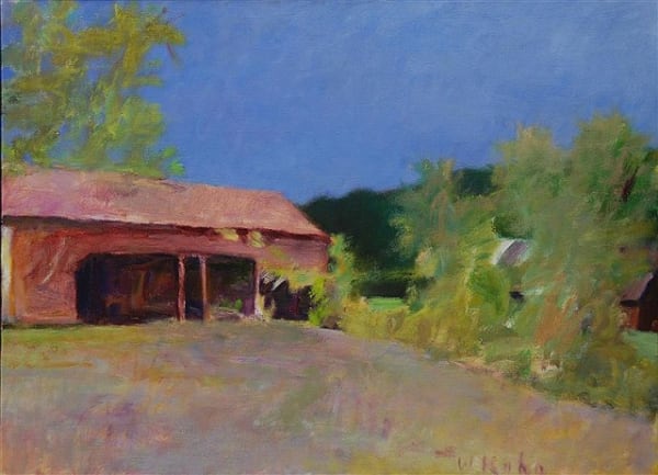 Wolf Kahn Red Shed, Blue Sky, 1987 Oil on canvas Signed lower right 28 x 38 For sale at Surovek Gallery