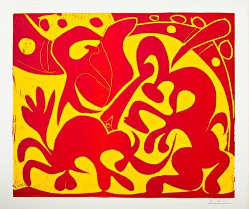 Pablo Picasso Pique (Rouge et Jaune), 1959 Linoleum cut printed in red and yellow 20 7/8 x 25 inches Signed in pencil For sale at Surovek Gallery © 2022 Estate of Pablo Picasso / Artists Rights Society (ARS), New York