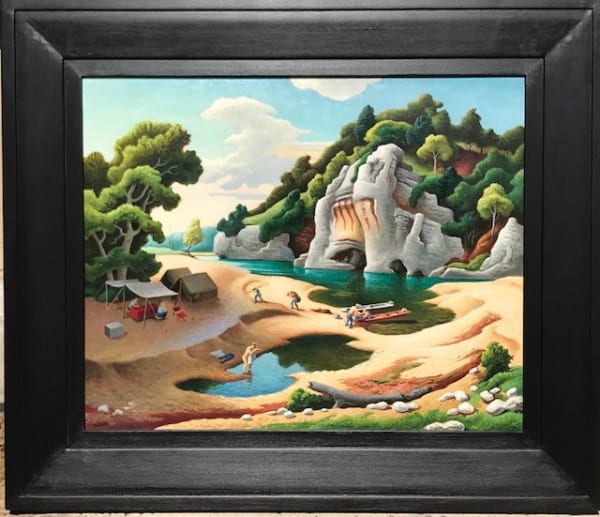 Thomas Hart Benton Fisherman’s Camp, 1968 Oil on Masonite 19 x 23 3/8 inches Dated, titled, signed and inscribed “68 ‘Fishermen’s Camp’ Benton, Buffalo River” (on the upper crossbar) For sale at Surovek Gallery