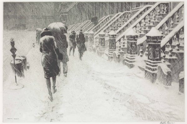 Martin Lewis Stoops in the Snow, 1930 Sand ground etching with drypoint Image size: 10 x 15 inches Sheet size: 13 ½ x 18 ½ inches Edition: 115 Signed in pencil: Martin Lewis (l.r.) For sale at Surovek Gallery