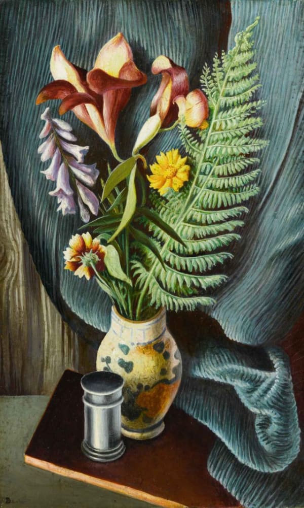Thomas Hart Benton Still Life with Lillies and Ferns Oil on Masonite 19.38 x 12 inches Signed: Benton (lower left) For sale at Surovek Gallery