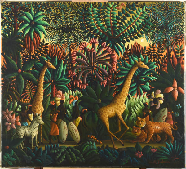 Orville Bulman Giraffe Emballe (Giraffe Packs), 1967 Oil on canvas 36 x 48 inches Signed: Bulman (l.r.) For sale at Surovek Gallery