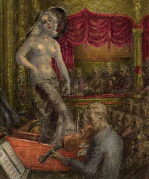 Reginald Marsh They Pay to See Tempera on masonite 26 3/4 x 20 inches Signed and dated: Reginald Marsh 1935 (l.c.) For sale at Surovek Gallery