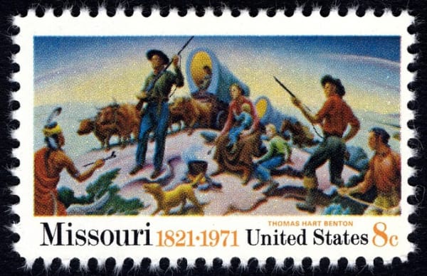 In 1971, the Post Office Department issued a stamp commemorating the 150th anniversary of Missouri’s statehood. On the stamp is an image from a mural at the Truman Library created by Thomas Hart Benton.