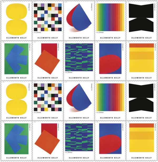 In honor of what would have been Ellsworth Kelly’s 96th birthday, the United States Postal Service released a set of 20 postage stamps bearing his works.