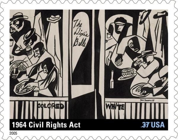 A detail from Dixie Café by Jacob Lawrence, was issued in 2005 on a stamp commemorating the 1964 Civil Rights Act.