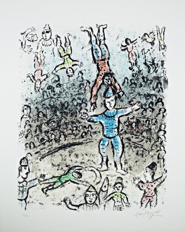 Marc Chagall Acrobats, 1984 Lithograph Plate 24 x 18.7 inches Sheet Size 32 x 25 1/2 inches Signed and numbered 24/50 Mourlot 1031 For Sale at Surovek Gallery