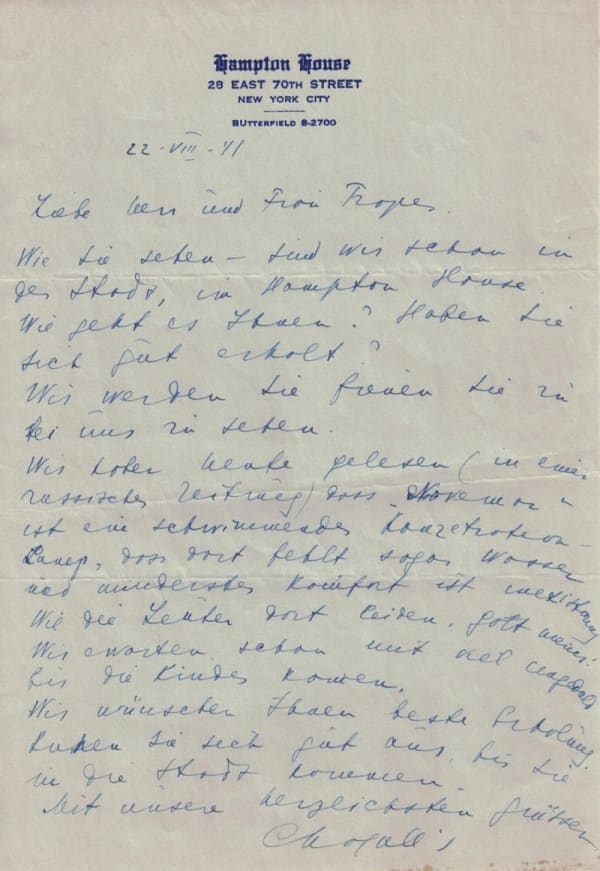 Letter from Marc Chagall to the Tropers, 1941.