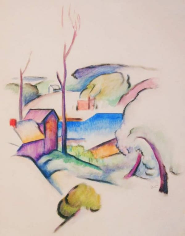 Thomas Hart Benton Landscape with House Watercolor, 18 x 15 inches, Signed: Benton (l.r.) For sale at Surovek Gallery
