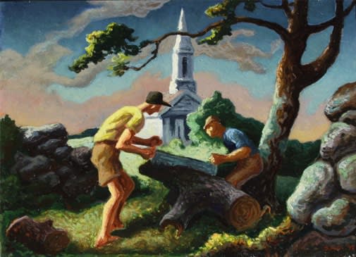 Thomas Hart Benton Woodcutters at Chilmark, 1948 Oil on masonite, 8 1/2 x 11 7/8 inches, Signed and dated: Benton 48 (l.r.) For sale at Surovek Gallery