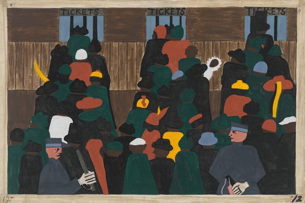 Jacob Lawrence The railroad stations were at times so crowded with people leaving that special guards had to be called to keep order. From the Migration Series, 1941