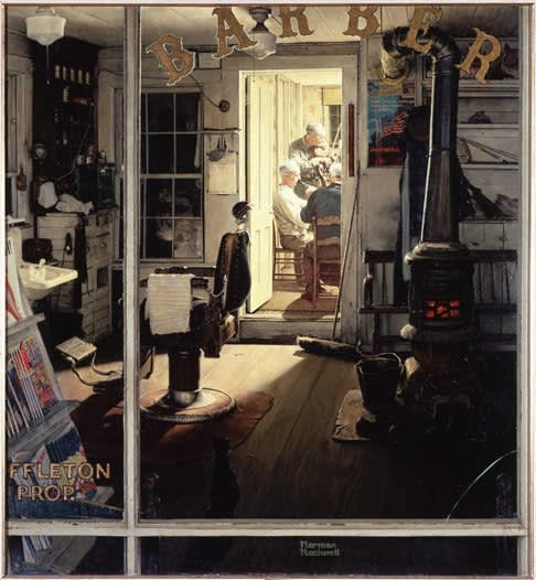 Norman Rockwell Shuffleton’s Barbershop, 1950 Oil on canvas, 31 x 33 inches, Cover illustration for The Saturday Evening Post, April 29, 1950. Collection of the Berkshire Museum ©SEPS: Curtis Publishing, Indianapolis, IN.