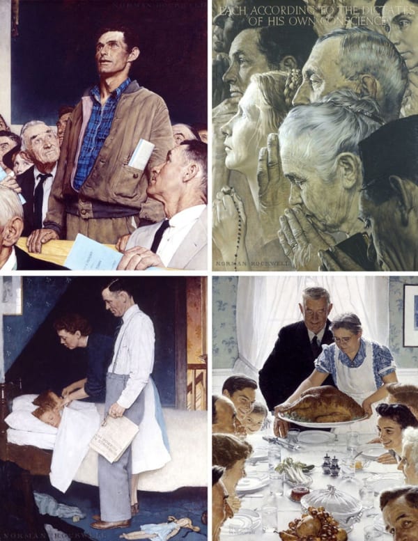 Norman Rockwell Freedom of Speech, Freedom of Worship, Freedom from Fear, Freedom from Want, 1943 War bond poster; U.S. Office of War Information, Collection of Norman Rockwell Museum ©SEPS: Curtis Licensing, Indianapolis, IN