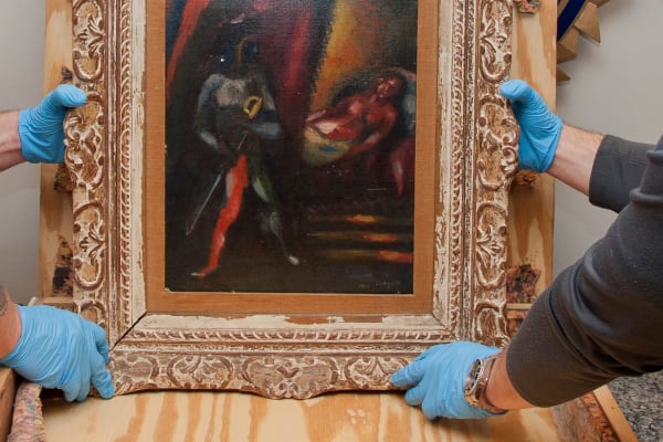 Marc Chagall’s painting, Othello and Desdemona will be returned to its owners’ estate after being hidden in the thief’s attic for more than thirty years. Credit: Federal Bureau of Investigation