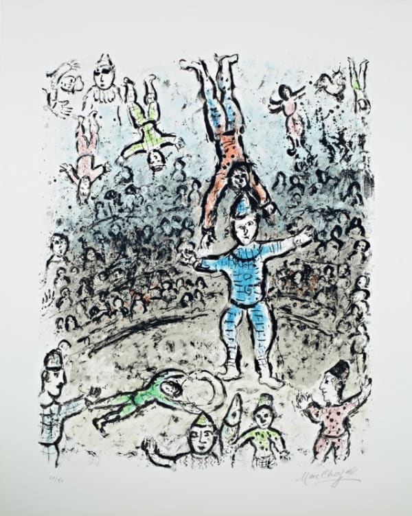 Marc Chagall Acrobats, 1984 Lithograph, Plate 24 x 18.7 inches, Sheet Size 32 x 25 1/2 inches Signed and numbered 24/50 For Sale at the Surovek Gallery