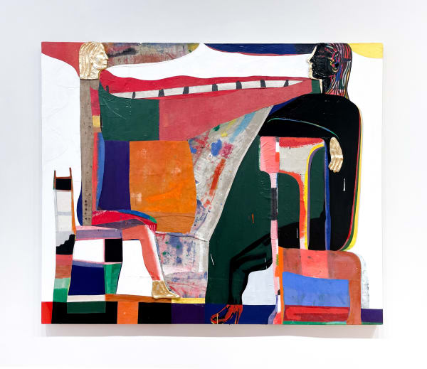 Miles Debas, L'entretien, 2022 - Ink, Acrylic paint & collage with sculptural elements - Aluminum, Plaster, Gold Leaf, Enamel - 152.40 x 182.88 cm - 60 x 72 in